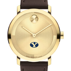 Brigham Young University Men&#39;s Movado BOLD Gold with Chocolate Leather Strap Shot #1