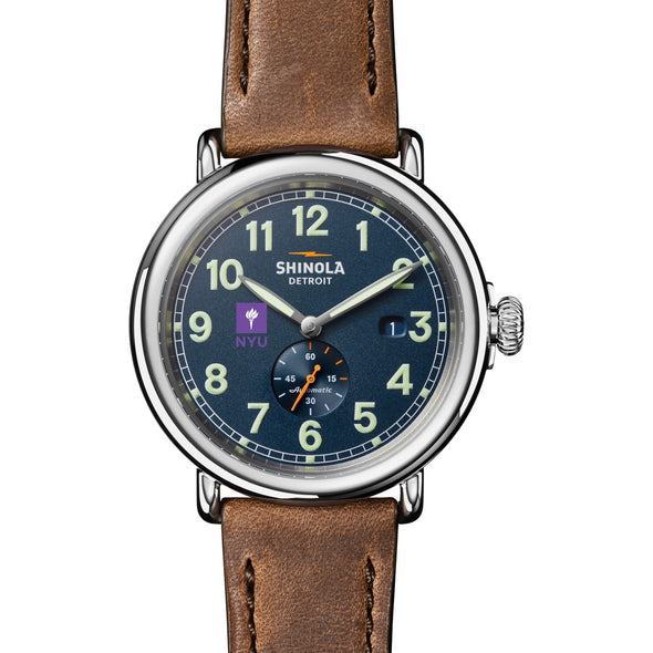 New York University Shinola Watch, The Runwell Automatic 45 mm Blue Dial and British Tan Strap at M.LaHart &amp; Co. Shot #2