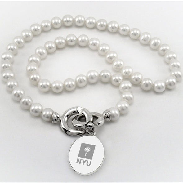 NYU Pearl Necklace with Sterling Silver Charm Shot #1