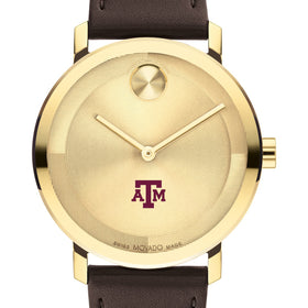 Texas A&amp;M University Men&#39;s Movado BOLD Gold with Chocolate Leather Strap Shot #1