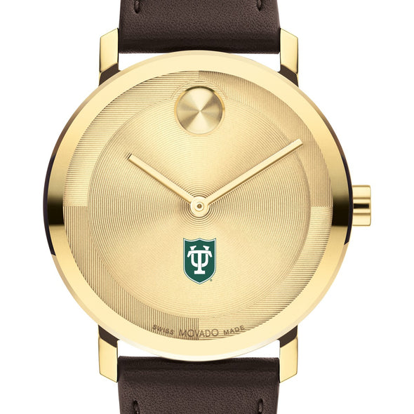 Tulane University Men&#39;s Movado BOLD Gold with Chocolate Leather Strap Shot #1