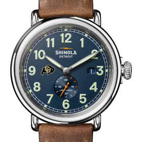 University of Colorado Shinola Watch, The Runwell Automatic 45 mm Blue Dial and British Tan Strap at M.LaHart &amp; Co. Shot #1