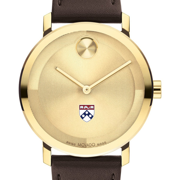 University of Pennsylvania Men&#39;s Movado BOLD Gold with Chocolate Leather Strap Shot #1