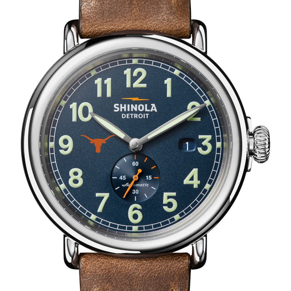 University of Texas Shinola Watch, The Runwell Automatic 45 mm Blue Dial and British Tan Strap at M.LaHart &amp; Co. Shot #1