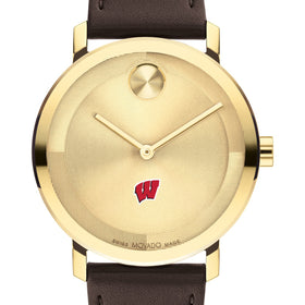 University of Wisconsin Men&#39;s Movado BOLD Gold with Chocolate Leather Strap Shot #1
