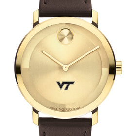 Virginia Tech Men&#39;s Movado BOLD Gold with Chocolate Leather Strap Shot #1