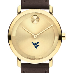 West Virginia University Men&#39;s Movado BOLD Gold with Chocolate Leather Strap Shot #1