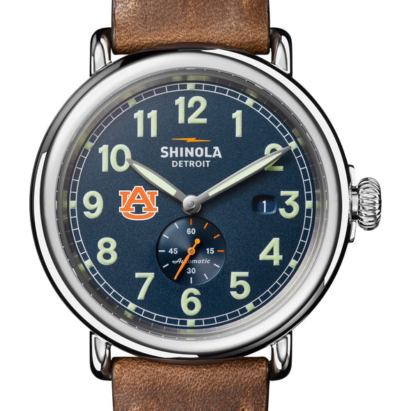 Auburn University Shinola Watch, The Runwell Automatic 45 mm Blue Dial and British Tan Strap at M.LaHart &amp; Co. Shot #1