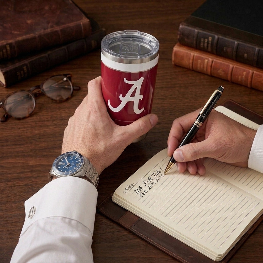 A person in a white dress shirt holds a red travel tumbler with a large white script letter 'A' and a clear lid, while writing in a lined notebook with a black pen on a wooden desk. Books, eyeglasses, and a wristwatch are visible in the scene.