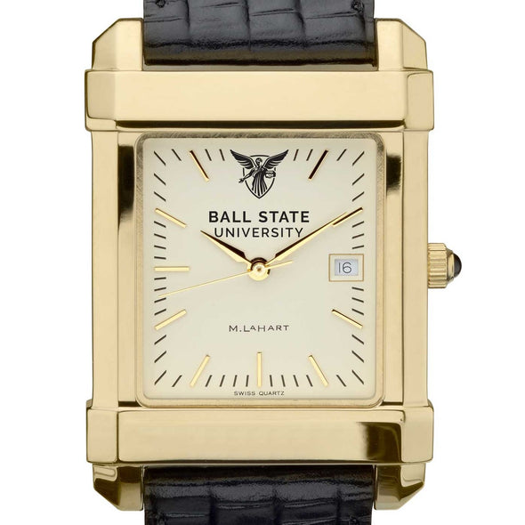 Ball State Men's Gold Quad with Leather Strap Shot #1