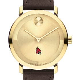 Ball State University Men&#39;s Movado BOLD Gold with Chocolate Leather Strap Shot #1
