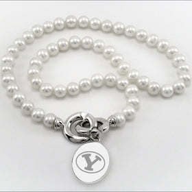 Brigham Young University Pearl Necklace with Sterling Silver Charm Shot #1