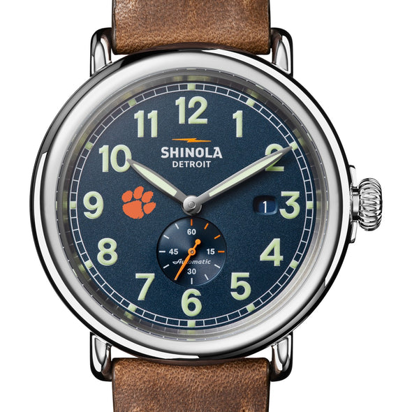 Clemson Shinola Watch, The Runwell Automatic 45 mm Blue Dial and British Tan Strap at M.LaHart &amp; Co. Shot #1