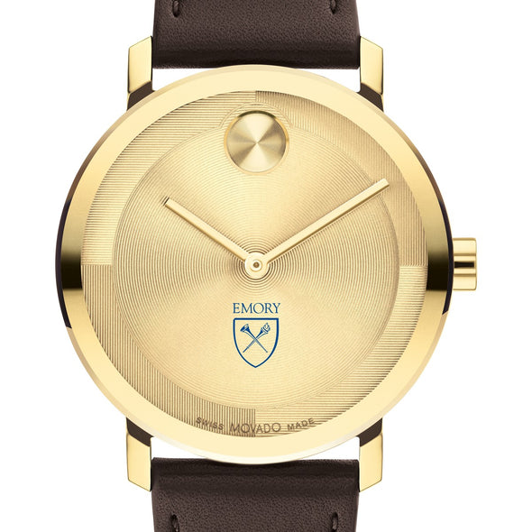 Emory University Men&#39;s Movado BOLD Gold with Chocolate Leather Strap Shot #1