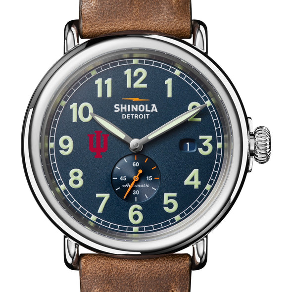 Indiana University Shinola Watch, The Runwell Automatic 45 mm Blue Dial and British Tan Strap at M.LaHart & Co. Shot #1