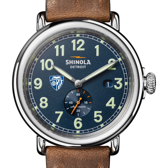 Johns Hopkins University Shinola Watch, The Runwell Automatic 45 mm Blue Dial and British Tan Strap at M.LaHart & Co. Shot #1