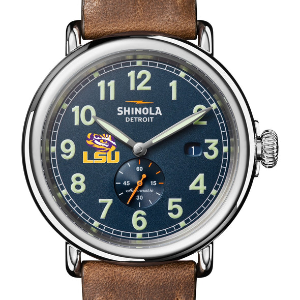 Louisiana State University Shinola Watch, The Runwell Automatic 45 mm Blue Dial and British Tan Strap at M.LaHart & Co. Shot #1
