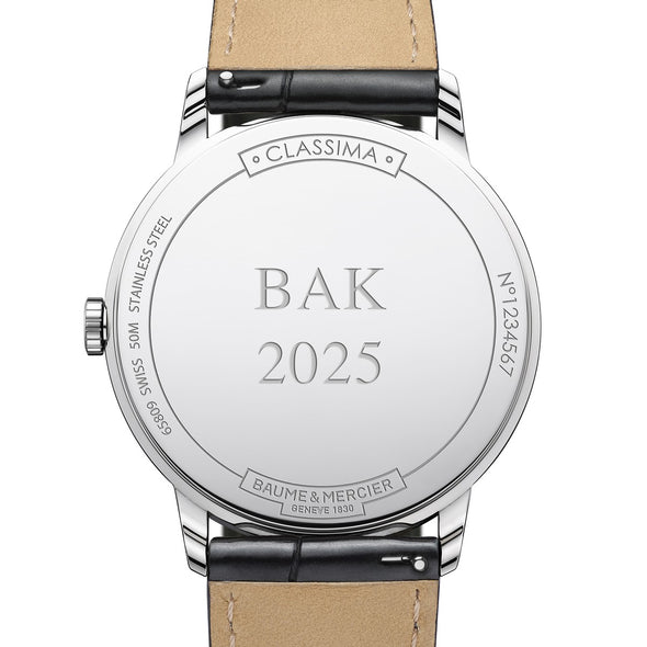 Men's Baume et Mercier 40mm Classima Watch with Blue Dial & Black Leather Strap Caseback Engraving