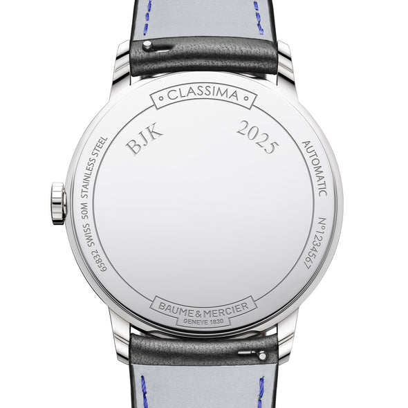 Men's Baume et Mercier 42mm Classima Automatic Watch with White Dial & Black Leather Strap Caseback Engraving