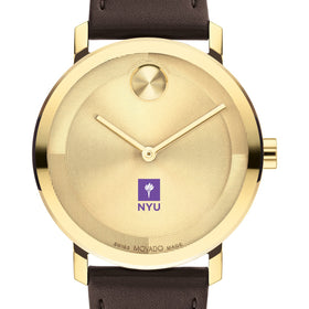 New York University Men&#39;s Movado BOLD Gold with Chocolate Leather Strap Shot #1