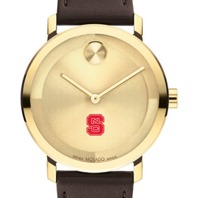 North Carolina State Men&#39;s Movado BOLD Gold with Chocolate Leather Strap Shot #1