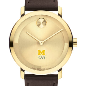 Ross School of Business Men&#39;s Movado BOLD Gold with Chocolate Leather Strap Shot #1