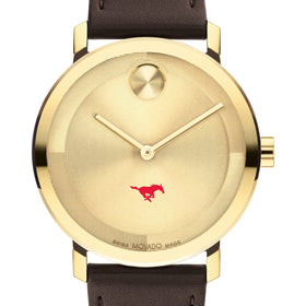 Southern Methodist University Men&#39;s Movado BOLD Gold with Chocolate Leather Strap Shot #1