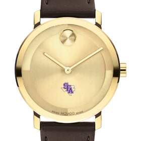 Stephen F. Austin State University Men&#39;s Movado BOLD Gold with Chocolate Leather Strap Shot #1