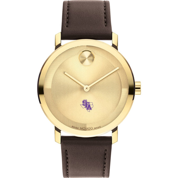Stephen F. Austin State University Men&#39;s Movado BOLD Gold with Chocolate Leather Strap Shot #2