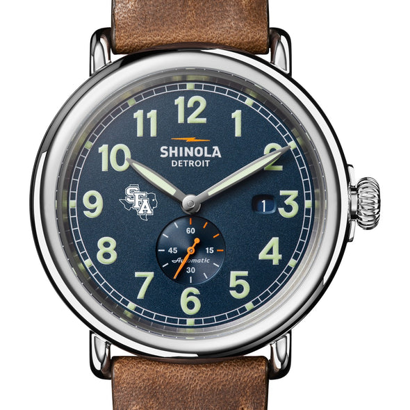 Stephen F. Austin State University Shinola Watch, The Runwell Automatic 45 mm Blue Dial and British Tan Strap at M.LaHart &amp; Co. Shot #1