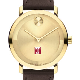 Temple University Men&#39;s Movado BOLD Gold with Chocolate Leather Strap Shot #1