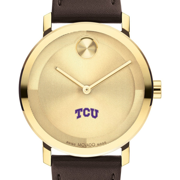 Texas Christian University Men&#39;s Movado BOLD Gold with Chocolate Leather Strap Shot #1