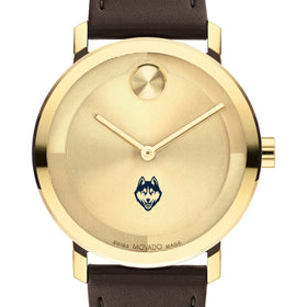 University of Connecticut Men&#39;s Movado BOLD Gold with Chocolate Leather Strap Shot #1