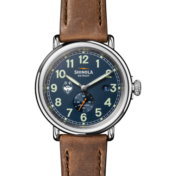 University of Connecticut Shinola Watch, The Runwell Automatic 45 mm Blue Dial and British Tan Strap at M.LaHart & Co. Shot #2