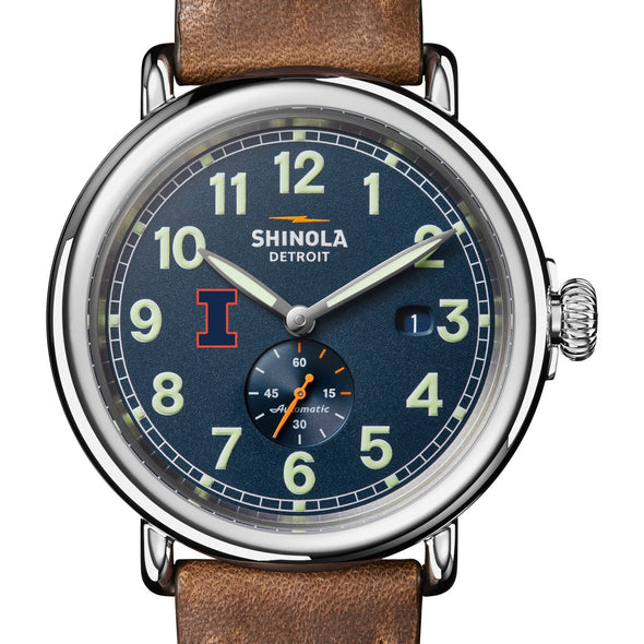 University of Illinois Shinola Watch, The Runwell Automatic 45 mm Blue Dial and British Tan Strap at M.LaHart & Co. Shot #1