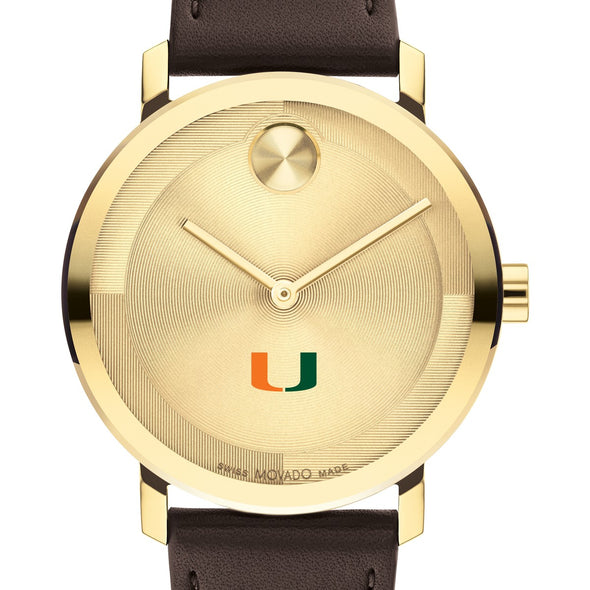 University of Miami Men&#39;s Movado BOLD Gold with Chocolate Leather Strap Shot #1