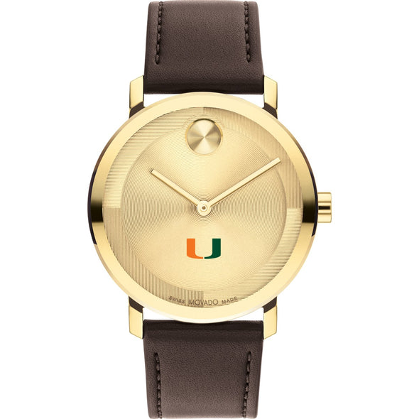 University of Miami Men&#39;s Movado BOLD Gold with Chocolate Leather Strap Shot #2
