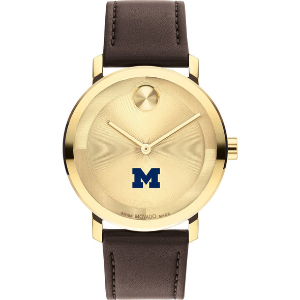University of Michigan Men&#39;s Movado BOLD Gold with Chocolate Leather Strap Shot #2