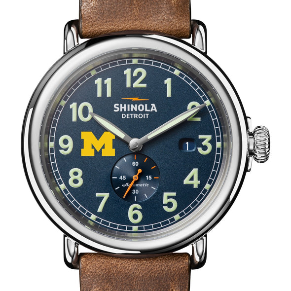 University of Michigan Shinola Watch, The Runwell Automatic 45 mm Blue Dial and British Tan Strap at M.LaHart &amp; Co. Shot #1