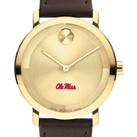 University of Mississippi Men&#39;s Movado BOLD Gold with Chocolate Leather Strap Shot #1