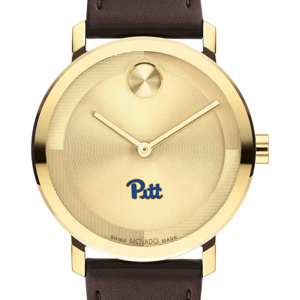 University of Pittsburgh Men&#39;s Movado BOLD Gold with Chocolate Leather Strap Shot #1