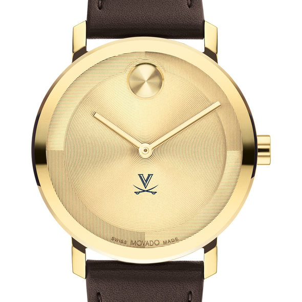 University of Virginia Men&#39;s Movado BOLD Gold with Chocolate Leather Strap Shot #1