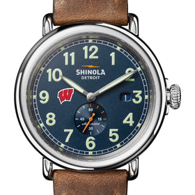 University of Wisconsin Shinola Watch, The Runwell Automatic 45 mm Blue Dial and British Tan Strap at M.LaHart &amp; Co. Shot #1