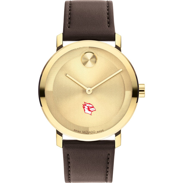 Wesleyan University Men&#39;s Movado BOLD Gold with Chocolate Leather Strap Shot #2