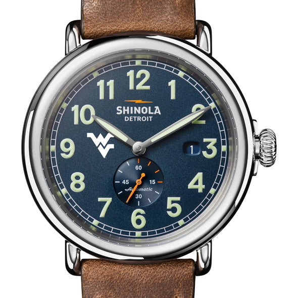 West Virginia University Shinola Watch, The Runwell Automatic 45 mm Blue Dial and British Tan Strap at M.LaHart &amp; Co. Shot #1