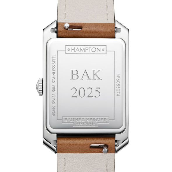 Women's Baume et Mercier 35X22mm Hampton Watch with Silver Dial & Tan Leather Strap Back Engraving