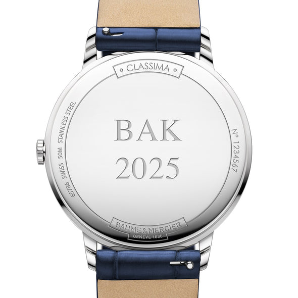 Women's Baume et Mercier 36.5mm Classima Watch with White Dial & Blue Leather Strap Caseback Engraving