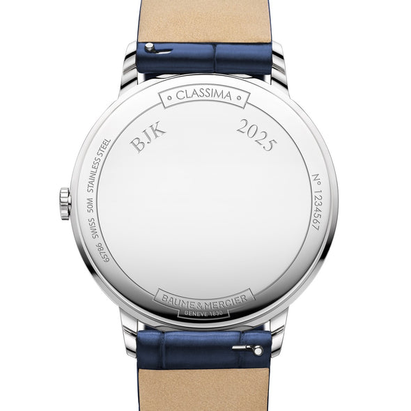 Women's Baume et Mercier 36.5mm Classima Watch with White Dial & Blue Leather Strap Caseback Engraving